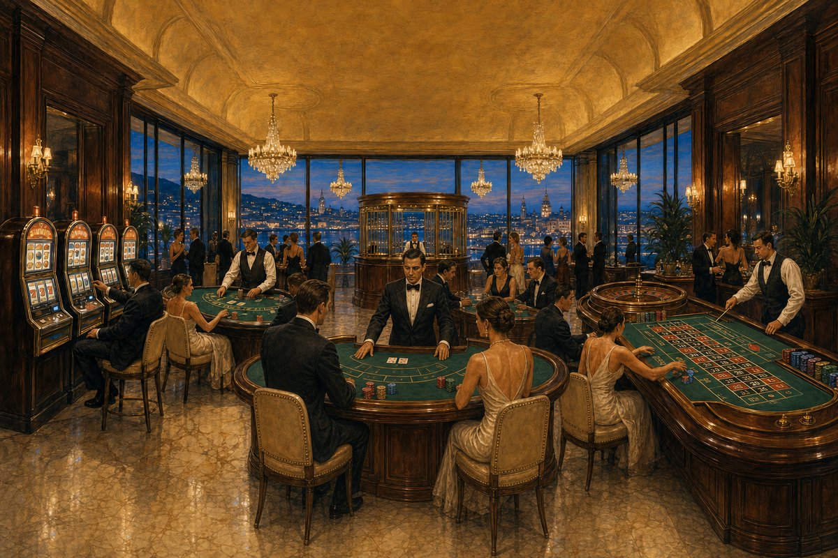 Painted art-deco casino salon at blue hour: patrons at the slots and card tables, a baccarat dealer mid-deal at the centre table, a croupier at the roulette table, and a cashier behind the brass cage before a panoramic city window