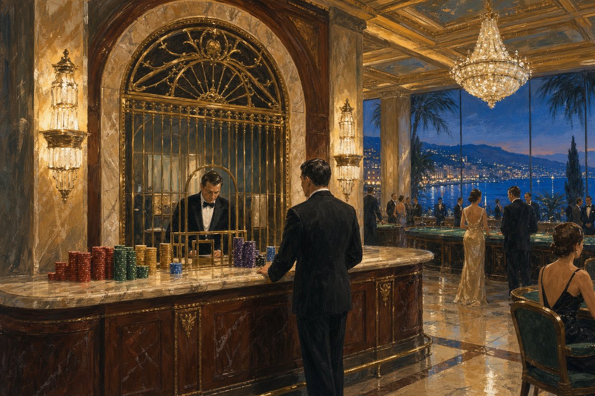 Painted casino cashier cage: brass grille under an arched marble surround, chips stacked on the counter, a patron waiting in evening wear