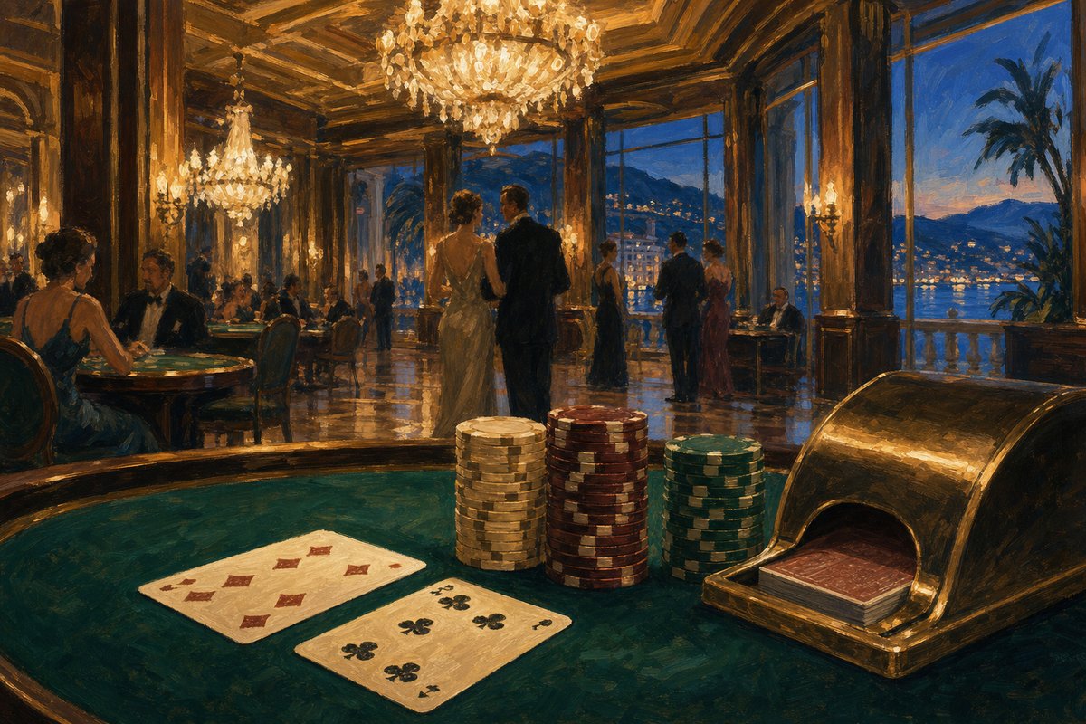 Painted still-life across a card table: two face-up cards, towers of casino chips and a brass card shoe in warm chandelier light