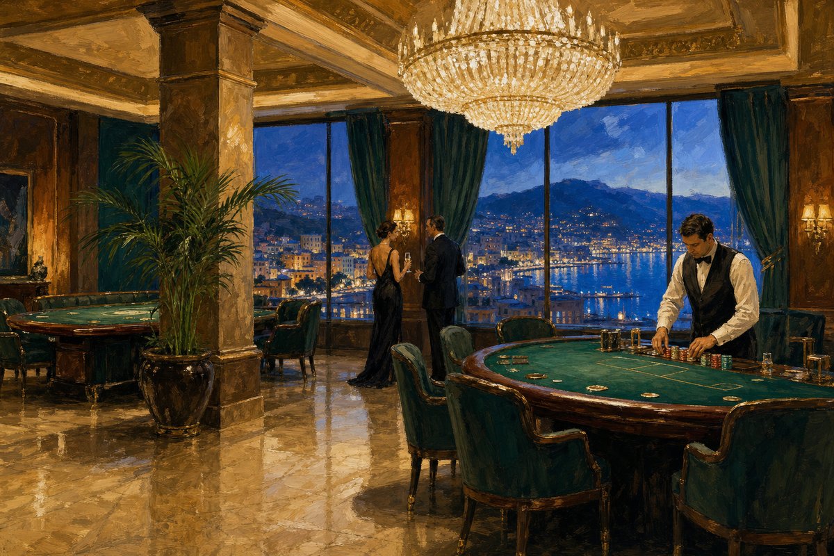 Painted high-limit gaming salon: two green-felt card tables beneath a central chandelier, a dealer arranging chips, patrons by the window
