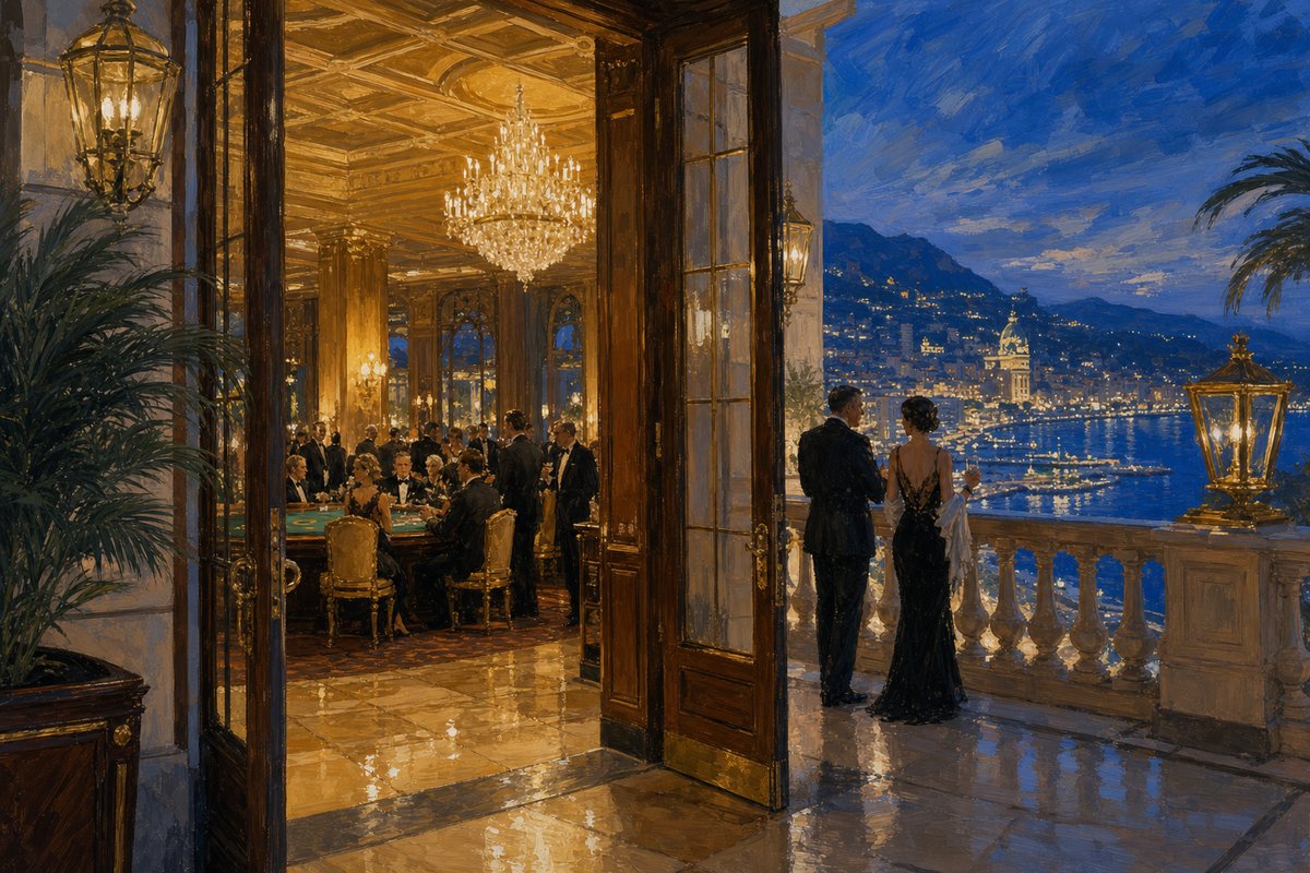 Painted casino terrace at blue hour: golden light spilling from the salon doors, patrons at the balustrade above a glittering city panorama