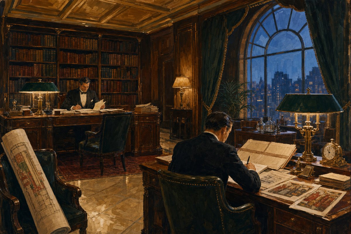 Painted editorial room above the casino floor: a warm library-office with bound volumes to the ceiling, two desks under green-shaded lamps, galley proofs and an open ledger, one figure writing seen from behind, blue-hour light at the arched window