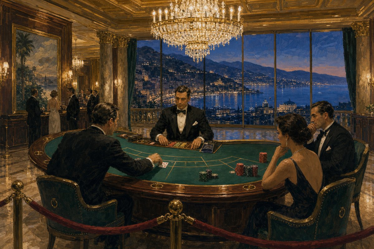 Painted high-limit baccarat salon: a patron squeezing up the corner of a card at the kidney-shaped table while the dealer and companions look on