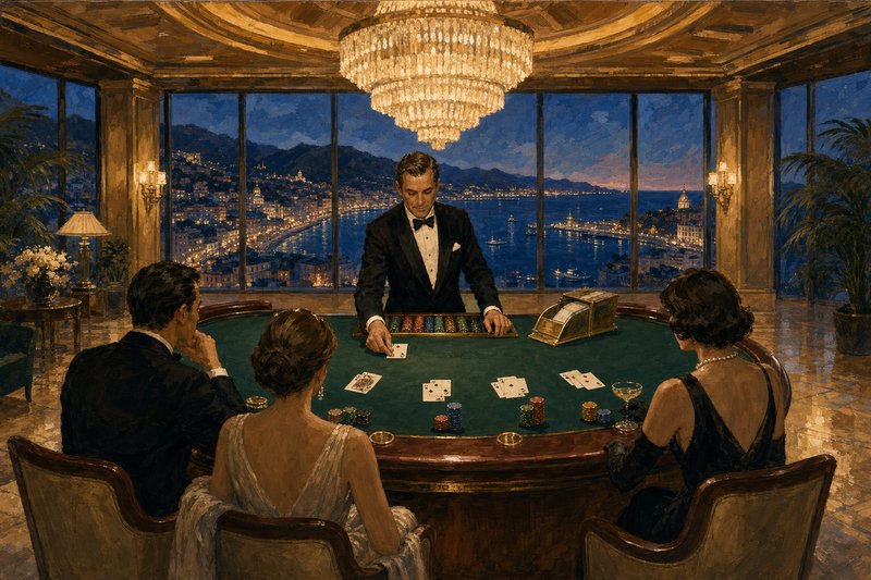 Painted blackjack room: a tuxedoed dealer mid-deal behind the semicircular table with three seated patrons, chips and fanned cards on the green felt