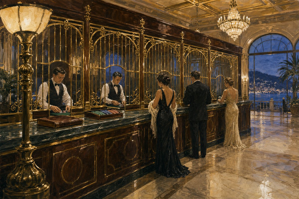 Painted casino cashier hall: a long marble counter under a row of brass grilles, chip trays and a ledger on the counter, a cashier at work behind the cage and patrons waiting in evening wear