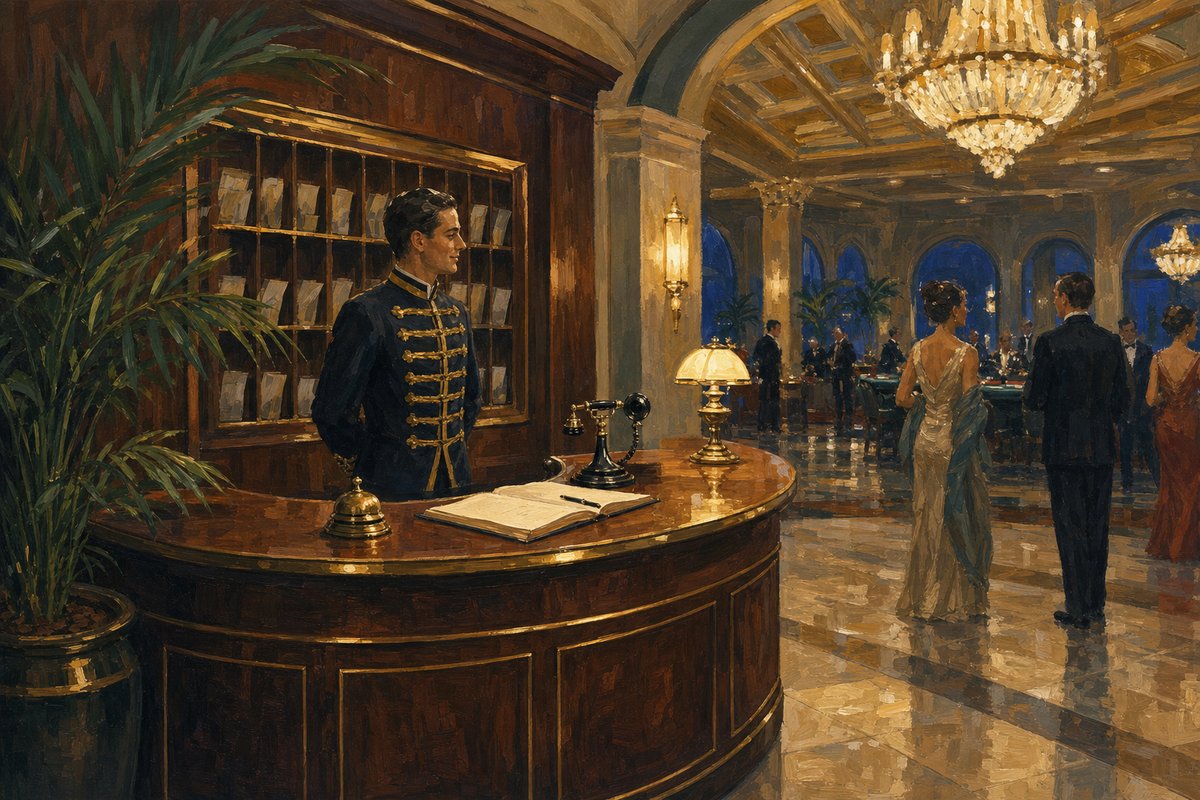 Painted concierge desk in a grand casino lobby: a curved mahogany counter with a brass bell and candlestick telephone, pigeonhole mail slots on the wall behind, a concierge in a braided jacket waiting attentively