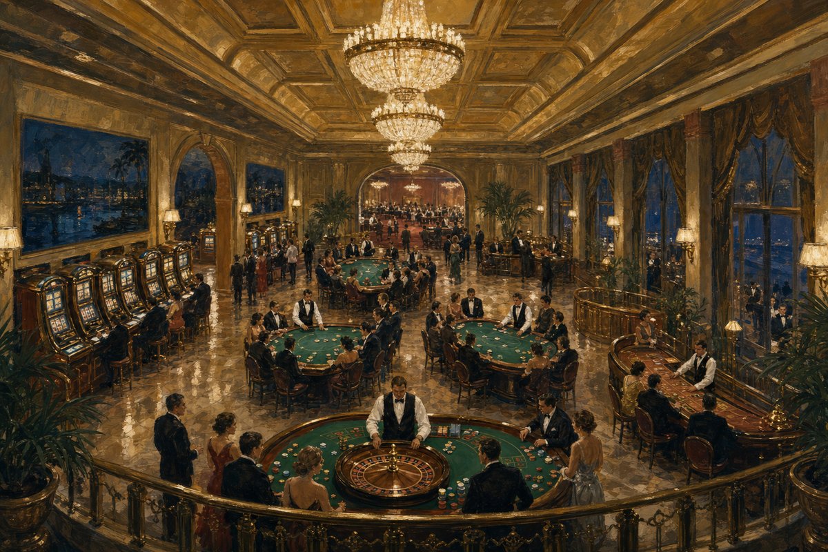 Painted overview of a casino gaming floor from a raised gallery: a roulette table in the foreground, blackjack and baccarat tables behind it, a curved row of slot cabinets along the left wall and a card salon through an archway beyond