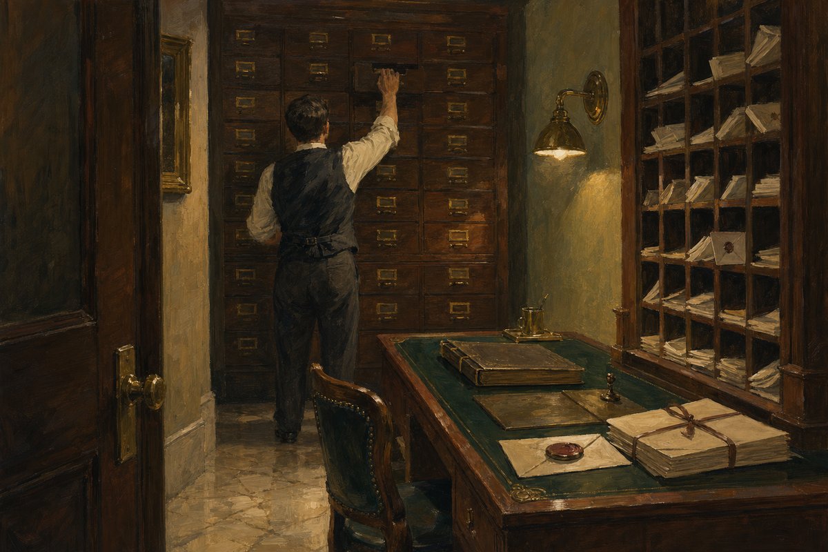 Painted records room behind a casino cashier hall: a wall of mahogany filing drawers with small brass label frames, a pigeonhole rack of folded papers and sealed envelopes, a green leather writing table under a brass sconce with a closed ledger, a wax seal and a ribbon-tied bundle of documents, a clerk in shirtsleeves reaching up to a drawer