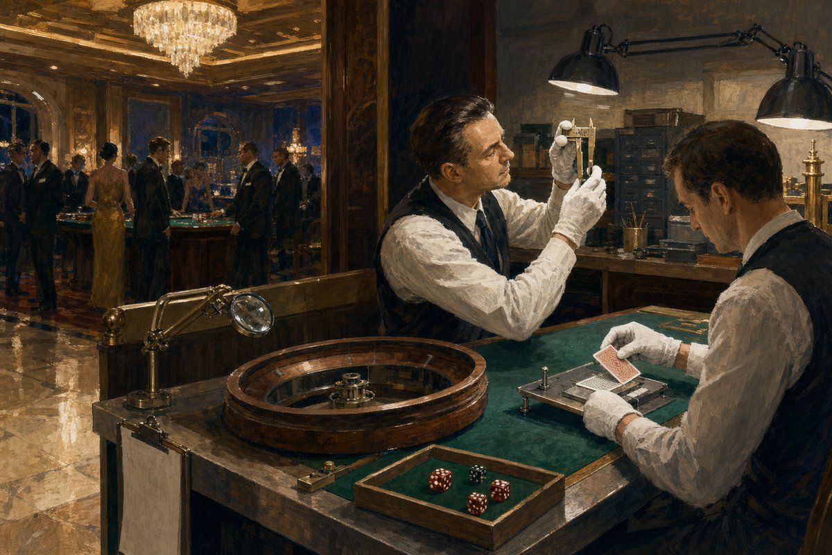 Painted casino inspection bench: two inspectors in white cotton gloves under task lamps, one measuring a roulette ball with brass calipers, the other checking a deck against a plate, a dismantled wheel bowl on a felt pad