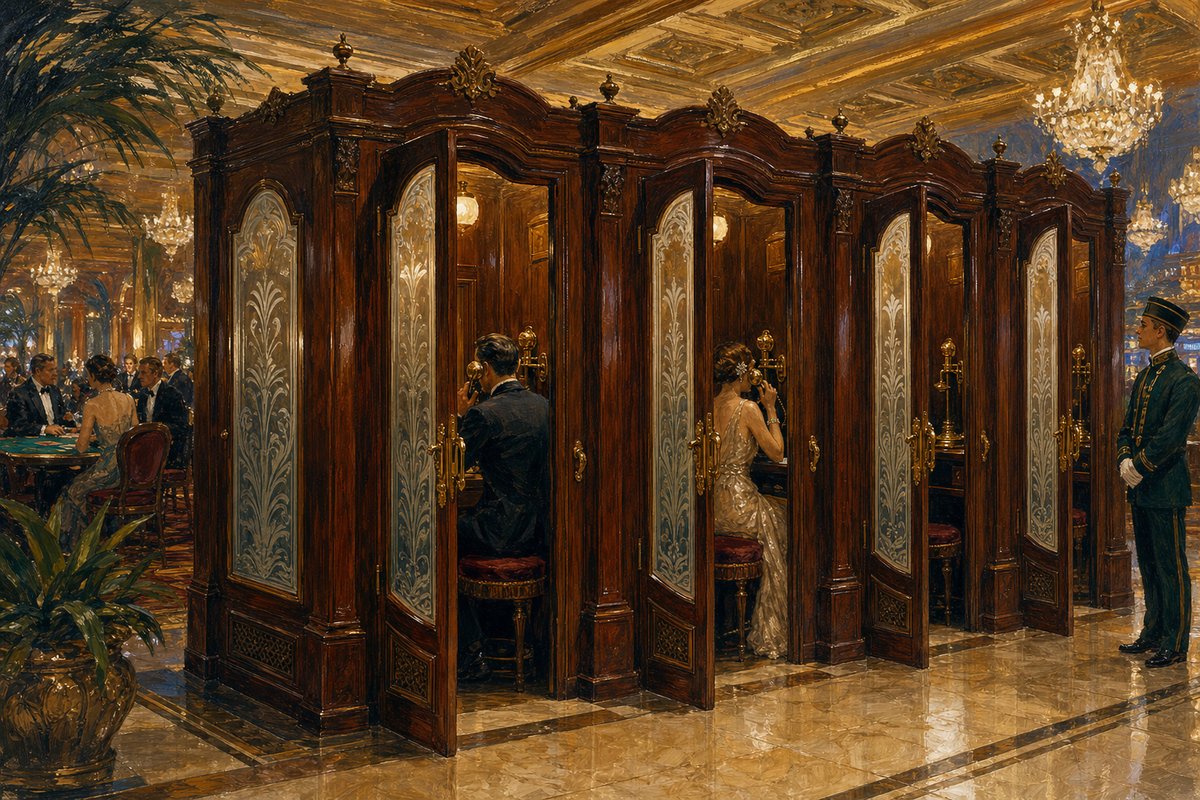 Painted row of ornate mahogany telephone cabinets in a casino lobby, etched glass doors and brass fittings, two patrons in evening wear speaking from inside while the gaming floor glows behind them