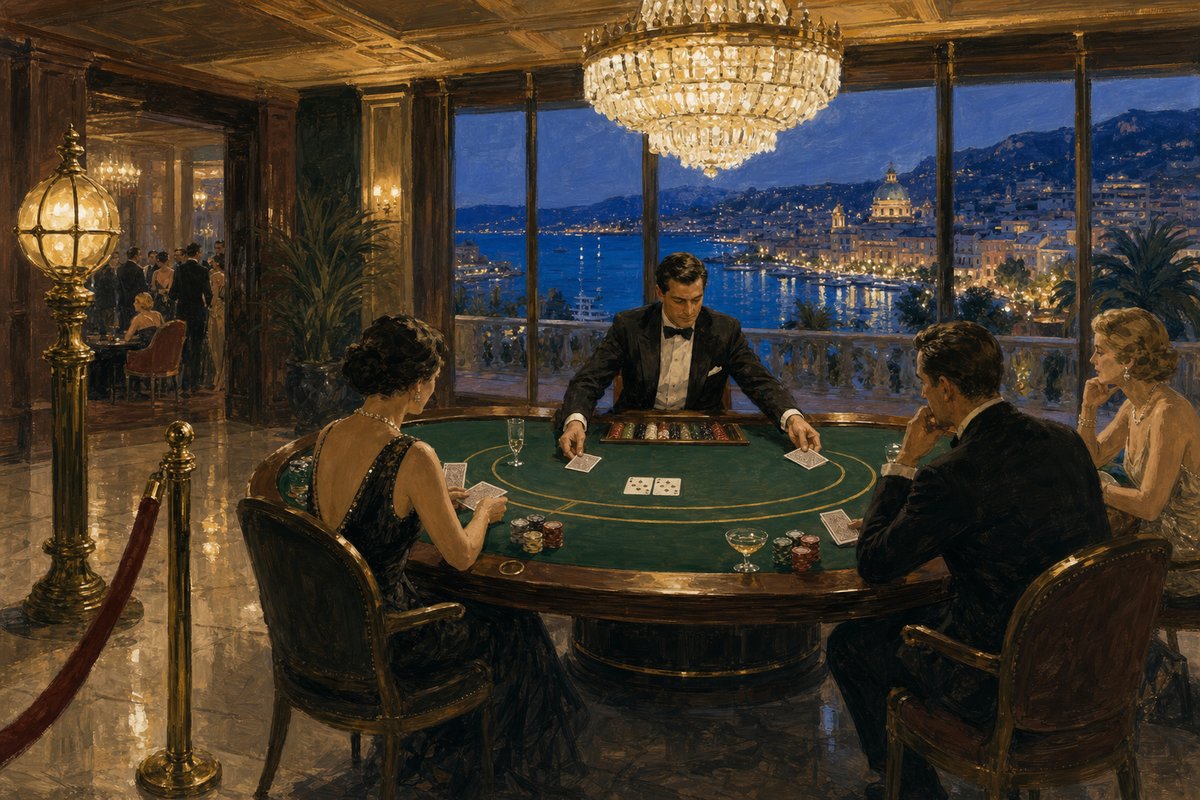 Painted card salon: a dealer behind an oval poker table dealing three cards each to seated patrons, chips and face-up cards on the felt
