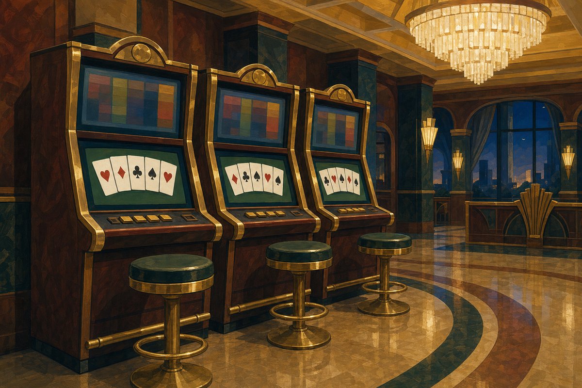 Painted row of three mahogany and brass video poker cabinets in an empty casino salon, each screen showing five playing cards, brass stools in front, chandelier light and a blue-hour window beyond