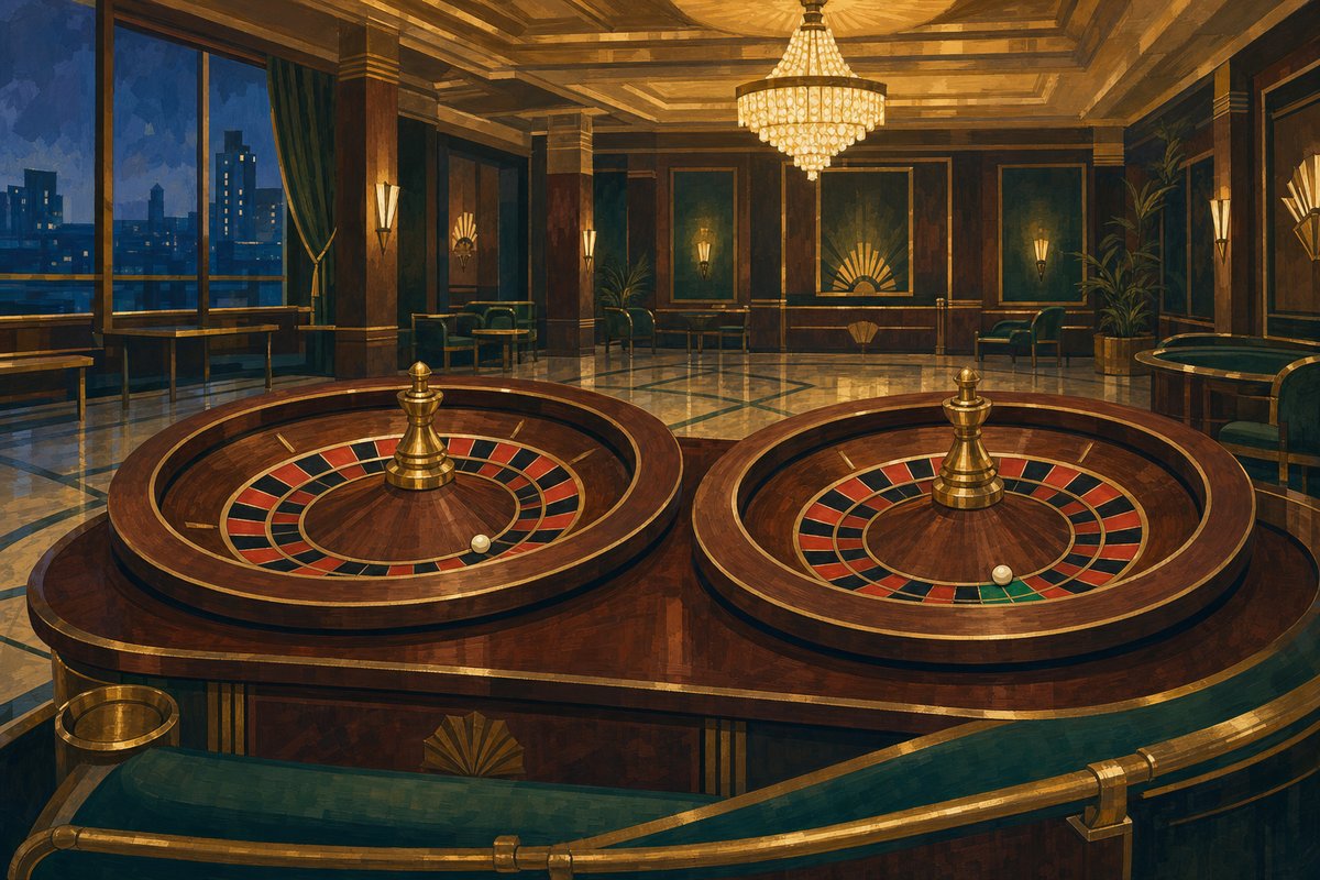 Painted view of two roulette wheels side by side on a mahogany table in an empty casino salon, brass turrets and ivory balls at rest, chandelier light and a blue-hour city window behind