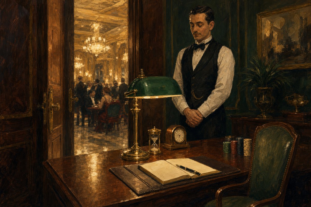 Painted private office just off a casino gaming floor: a mahogany desk under a green-shaded brass lamp, an open register with a fountain pen laid across it, a small hourglass and a mantel clock, a stack of unused chips pushed out of reach to the far edge, one attendant standing quietly with his hands at rest while the chandeliers of the salon blur through a half-open door behind