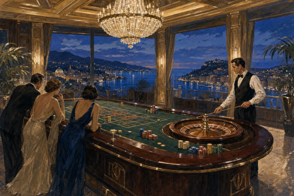 Painted roulette room: a croupier at the brass-centred wheel, the long green betting layout with chip stacks stretching across the foreground