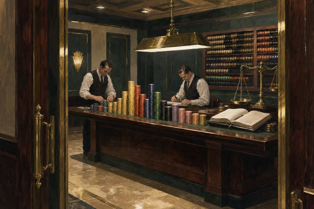 Painted casino counting room: colour-sorted chip stacks rising in measured columns across a mahogany table under a brass pendant lamp, a balance scale and an open ledger beside them, two clerks in waistcoats working quietly