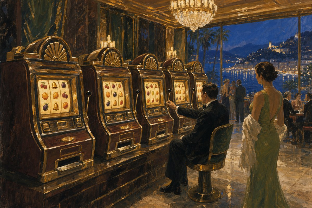 Painted slot gallery: a row of vintage brass-and-mahogany slot machines with softly glowing reels, a patron in evening wear reaching for a lever