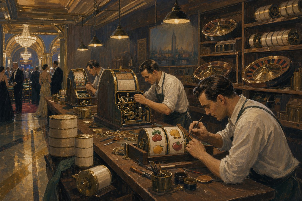 Painted workshop behind the casino: artisans at long benches assembling slot-machine cabinets, one hand-painting symbols onto a reel strip, another fitting brass gears, roulette bowls and blank reel drums stacked on the shelves