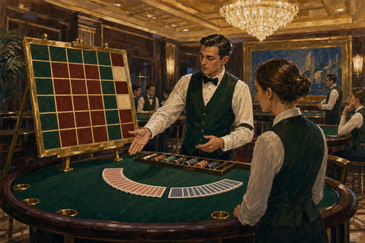 Painted blackjack training room: a grid-ruled instruction board on a brass easel beside a practice table, two decks fanned across the green felt, a dealer in a waistcoat mid-demonstration with a trainee watching