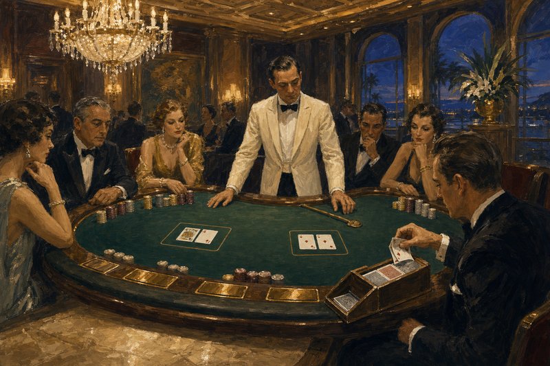 Painted close view across a kidney-shaped baccarat table: a patron bending up the corner of a card, two cards laid flat on the felt, the wooden shoe at the dealer position and gold plaques on the rail