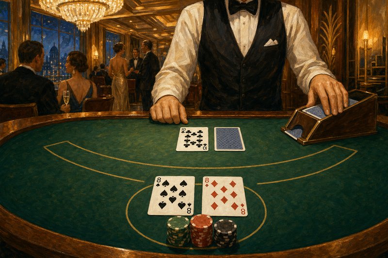 Painted close view across a blackjack table from the player's seat: the dealer's hands sliding a card from the shoe, two face-up cards on the green felt beside a short stack of colour-sorted chips, a cut card in the discard tray