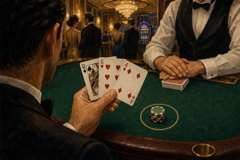 Painted close view of a house-banked poker layout: a hand lifting the corner of three face-down cards on green felt, chips pushed forward into the ante box, the dealer squared over the deck opposite
