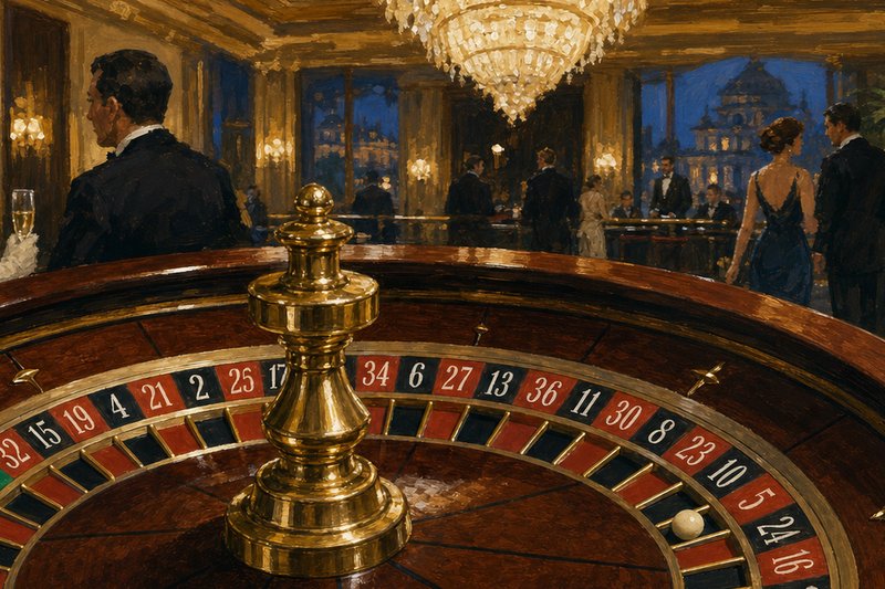 Painted close view of a roulette wheel from above the rim: polished mahogany bowl, brass turret and frets, the ivory ball caught mid-bounce between two pockets on the numbered ring