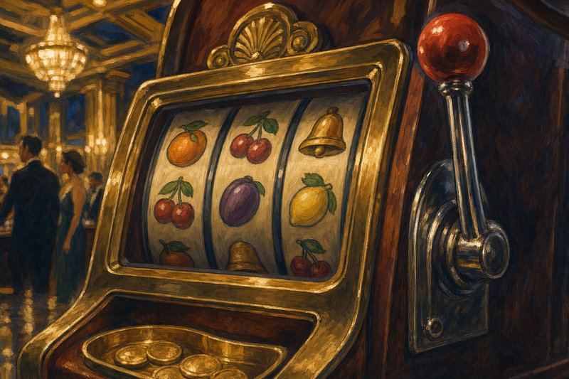 Painted close view of an antique slot machine face: a brass-bezelled reel window showing three reel strips of painted fruit and bell symbols, the chrome lever with its red ball knob in the foreground, coin tray below