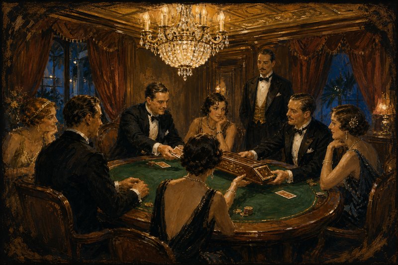 Painted old-world private gaming room with patrons seated around an oval green felt table passing a large ornate wooden card shoe between themselves, one patron dealing to another while a croupier watches from the rail