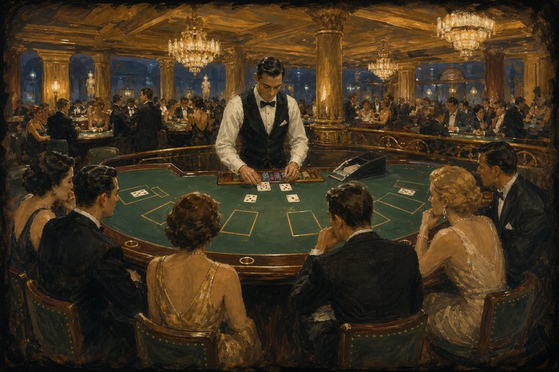 Painted small compact single-dealer baccarat table on a busy casino floor, one dealer standing alone behind a low semicircular green felt table with seven marked positions handling all the cards, six patrons seated close together
