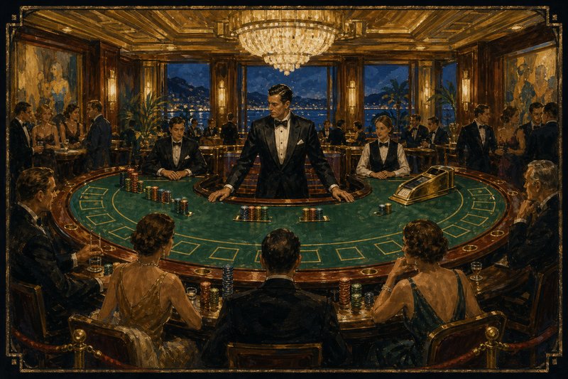 Painted full-size kidney-shaped baccarat table with a tuxedoed dealer standing in the concave centre facing outward, two seated dealers opposite, twelve curved player positions marked on deep green felt and tall chip stacks