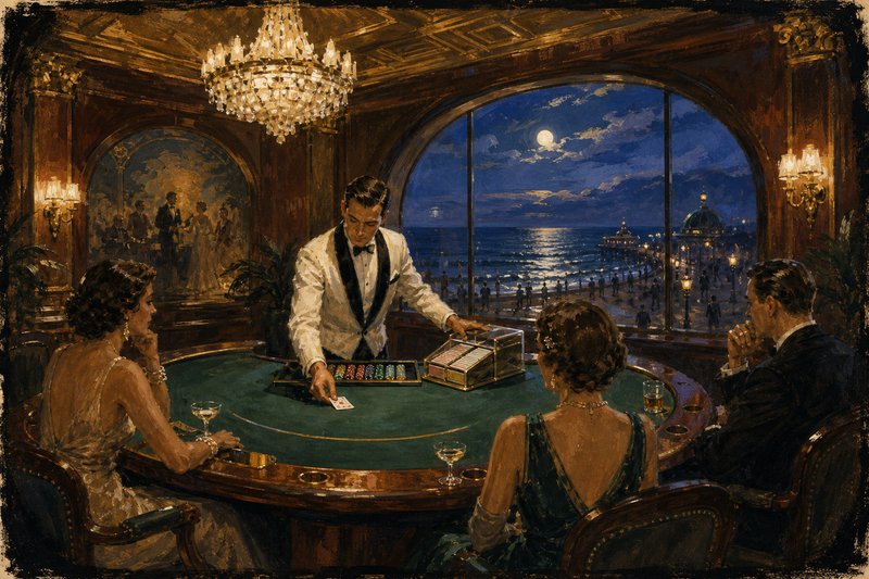 Painted blackjack table beside a tall arched window overlooking a boardwalk and moonlit ocean at blue hour, dealer mid-deal from a large multi-deck shoe with three seated patrons