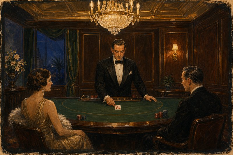 Painted quiet panelled European salon with one restrained blackjack table, a tuxedoed dealer behind the green felt showing a single face-up card, two composed patrons seated with neat low chip stacks