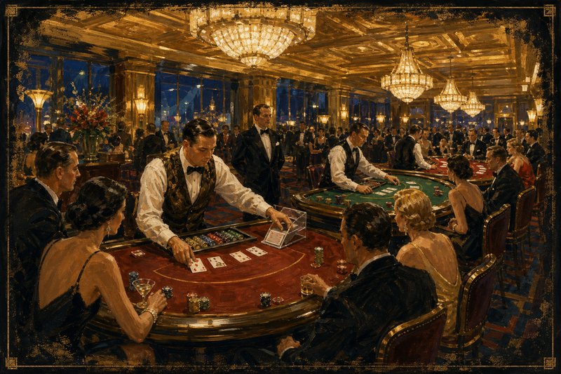 Painted American casino pit with three semicircular blackjack tables running diagonally, a dealer mid-deal at the nearest table with a card shoe beside them, seated patrons on high stools and a pit boss standing behind