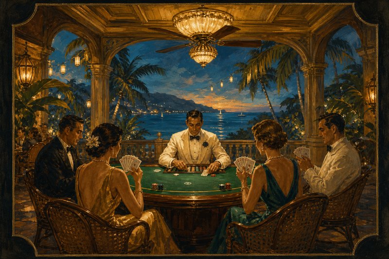 Painted colonial casino terrace at dusk with a green felt card table, a dealer facing four seated patrons each holding five cards, palm fronds and a turquoise sea horizon behind, a brass ceiling fan overhead