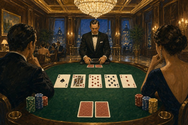 Painted view down the length of a green felt Casino Hold&rsquo;em table: five community cards face up across the centre &mdash; the ace of spades, king of hearts, ten of diamonds, eight of clubs and three of diamonds, each showing its rank in both corners &mdash; with the dealer standing at the far end, two face-down red-backed hole cards in front of him and two more in the near foreground, chip stacks at either edge