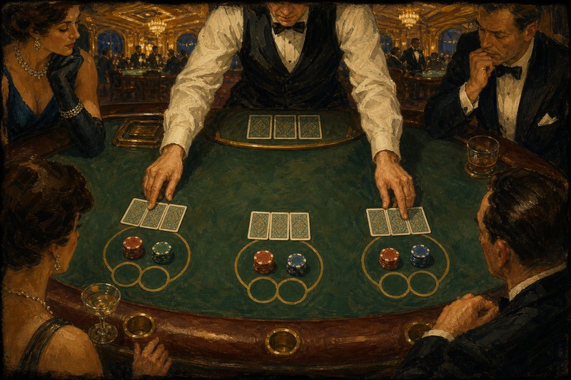 Painted overhead-angled view of a house-banked poker table with a dealer sliding three face-down cards to each of three player positions on green felt, betting circles marked at each position and small chip stacks in play