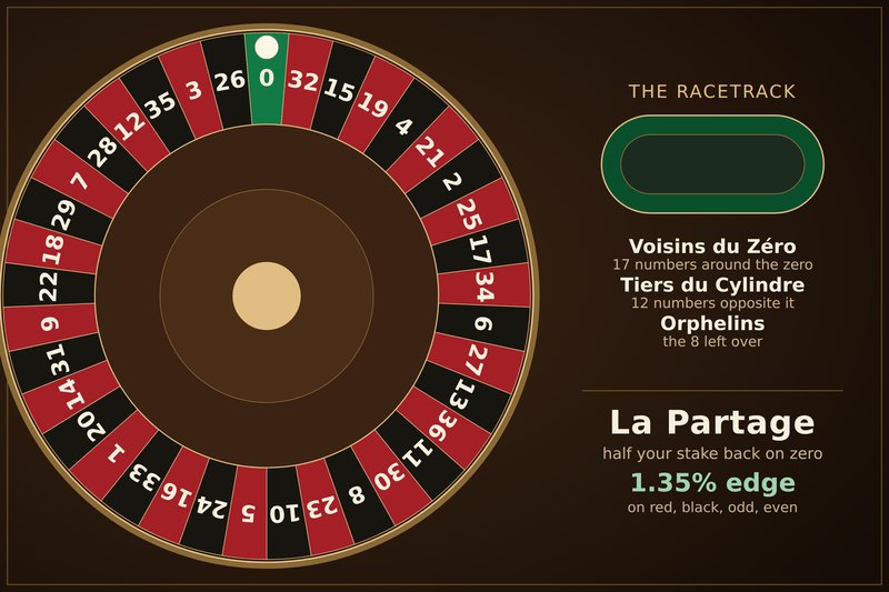 Diagram of French roulette: the same 37-pocket single-zero wheel as the European game, shown beside the oval racetrack used for called bets — voisins du zero, tiers du cylindre and orphelins — with a note that la partage returns half an even-money stake when the ball lands on zero, cutting the edge on those bets to 1.35 percent