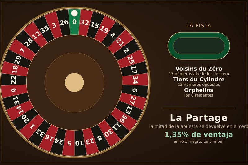 Diagrama de la ruleta francesa: la misma rueda de 37 casillas con un solo cero que la versión europea, junto a la pista ovalada de las apuestas anunciadas — voisins du zéro, tiers du cylindre y orphelins — con la partage devolviendo la mitad de la apuesta sencilla cuando la bola cae en el cero
