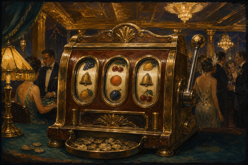 Painted study of a single vintage mechanical slot machine with a cast brass and mahogany cabinet, a long chrome lever, three circular reel windows showing fruit and bell symbols, and a coin tray below
