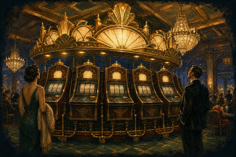 Painted view of a bank of six linked slot cabinets arranged in a curve beneath an enormous illuminated gilded jackpot arch, with brass conduit visibly linking the cabinets and two patrons watching the board