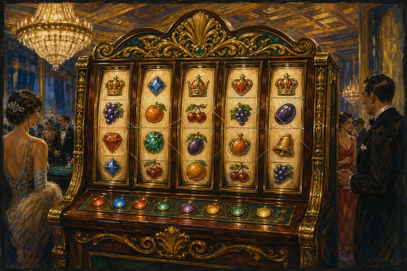 Painted study of an elaborate upright slot cabinet with five tall illuminated reel windows showing jewel and crown symbols, an ornate gilded surround, a row of glowing buttons and faint painted lines tracing paylines across the reels